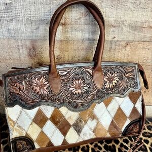 American Darling Brown and Cream Geometrical Hide n' Hair Bag